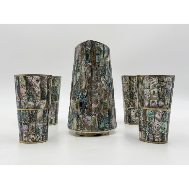 Emilia Castillo 1960s Mexican Abalone Inlay Alpaca Silver Pitcher & 4 Tumblers Barware Set For Sale - Image 4 of 18