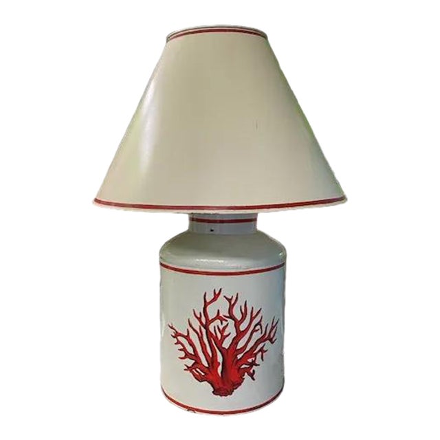 1980s Red Coral Design Toile Lamp and Shade For Sale