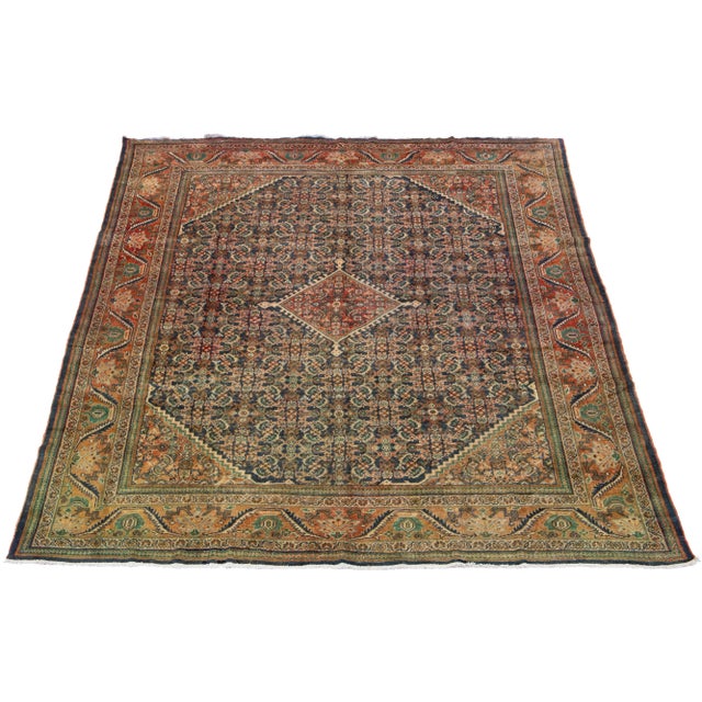This Vintage Persian Mahal Handmade rug with a blue field. This piece features an all-over design with multicolor hues....