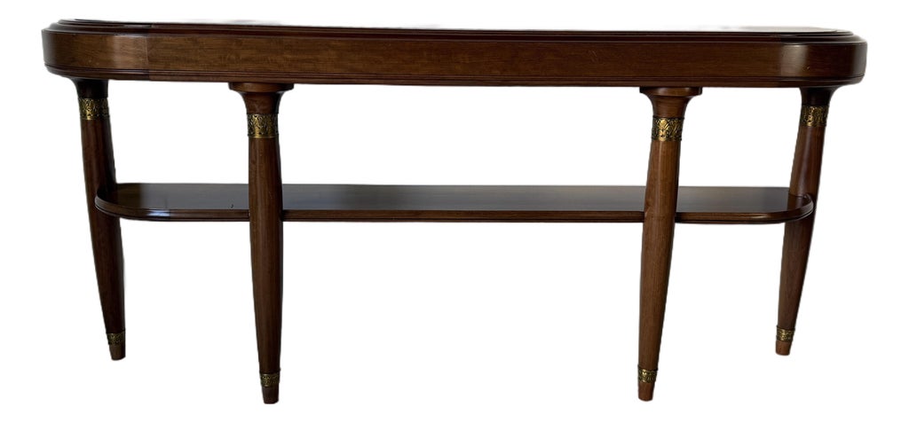 Large- French Art Deco Empire Style Mahogany & Green Marble Top Two-Tier Demilune Console Table