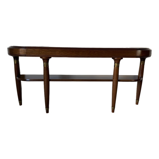 Large- French Art Deco Empire Style Mahogany & Green Marble Top Two-Tier Demilune Console Table For Sale