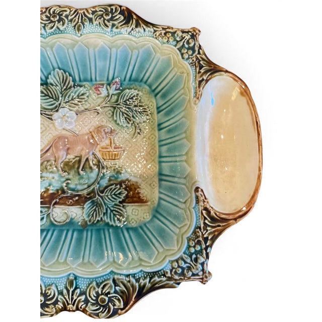 Antique French Turquoise Majolica Strawberry Server Platter, Circa 1890 For Sale - Image 4 of 5