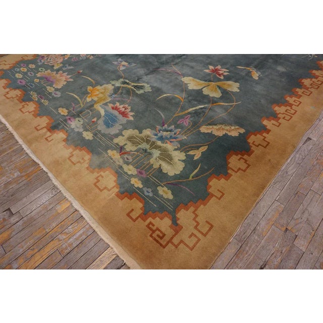 1920s Green Floral Modernist Chinese Art Deco Carpet 8'10" X 11'5" Knotted Wool Rug For Sale - Image 10 of 13