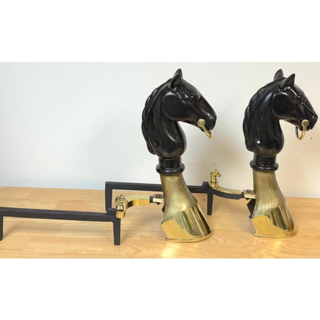 19th Century English Brass & Iron Horse Motif Andirons with Removable Chain For Sale - Image 16 of 18