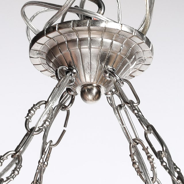 Glass 1930s Art Deco Frosted Glass Chandelier With Stylized Cubist Floral Motif For Sale - Image 7 of 18