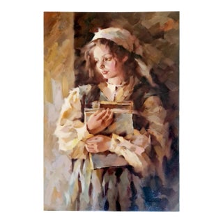 James W. - Young Girl Holding a Book, Oil on Canvas For Sale