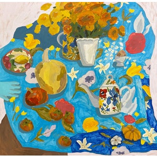 Marigolds and Pumpkin, Original Oil Painting by Molly Mansfield For Sale