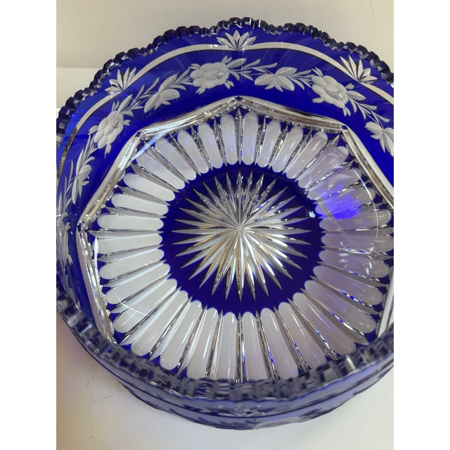 Bohemia Mid 20th Century Czech Bohemian Cobalt Blue Cut to Clear Crystal Centerpiece Bowl For Sale - Image 4 of 18