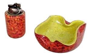 Fratelli Toso Murano Yellow Orange Italian Art Glass Bowl Ashtray Lighter Set 1960's