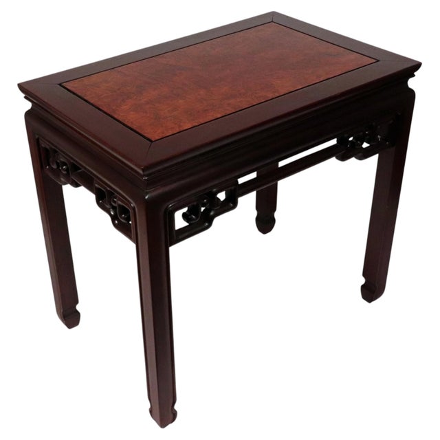 Chinese Chinese Padauk and Burl Panel Side Tables, Pair, Labeled j.l. George & Co., Hong Kong For Sale - Image 3 of 14