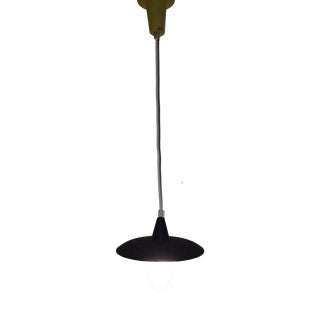 Mid-Century Yellow and Black Lantern-Shaped Pendant Light with White Lined Glass Shade, 1960s For Sale