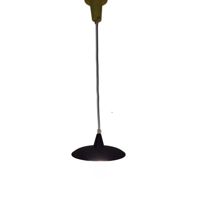 Mid-Century Yellow and Black Lantern-Shaped Pendant Light with White Lined Glass Shade, 1960s For Sale