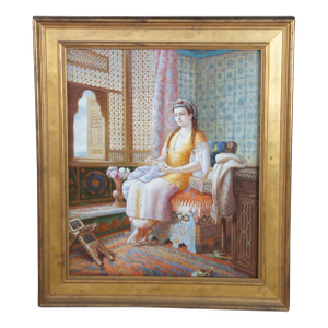 Late 20th Century Dreaminess After Dorofield Hardy Orientalist Ottoman Style Oil Painting Framed