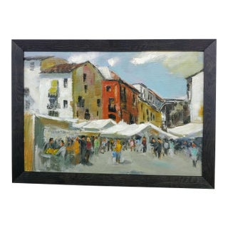 Vintage Old World Outdoor Market Scene Painting, Framed For Sale
