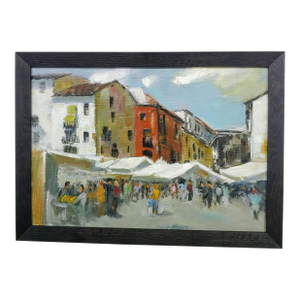 Vintage Old World Outdoor Market Scene Painting, Framed