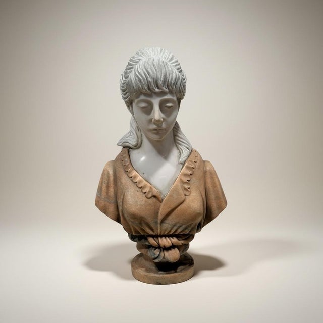 White Mid-Century Italian Neo-Classical Sienna & Carrara Marble Bust of a Young Woman For Sale - Image 8 of 8