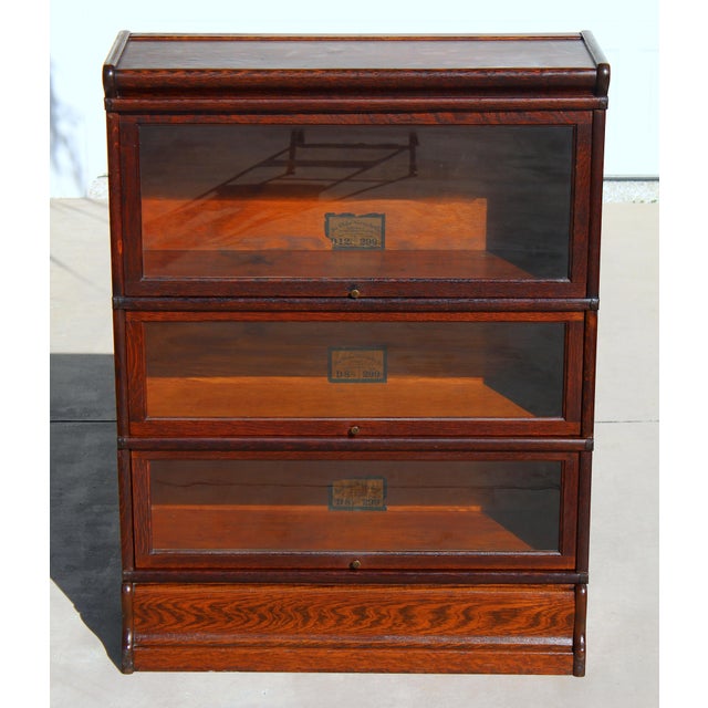 Brown Antique Globe-Wernicke 3-Tier Tiger Oak Barrister Bookcase – Grade 299 For Sale - Image 8 of 17