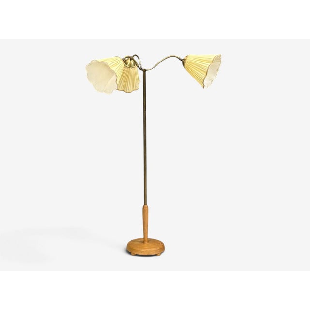 1950s Swedish Modern Birch, Brass, Silk Adjustable Floor Lamp For Sale - Image 4 of 14