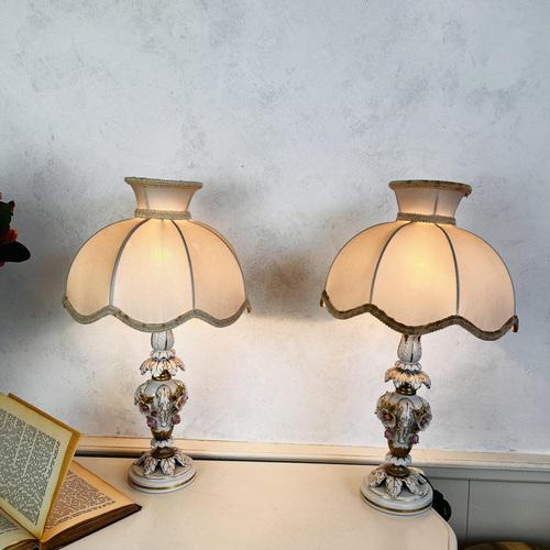 This is a gorgeous pair of capodimonte porcelain table lamps, with small pink roses, home lighting, and bedside lamps,...