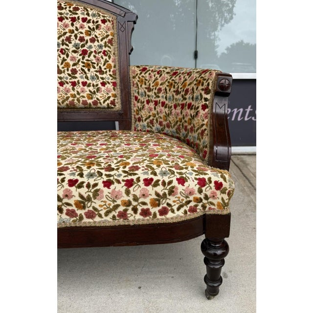 Antique Eastlake Walnut Settee With Floral Upholstery For Sale - Image 9 of 15