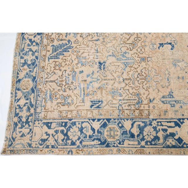 Antique Persian Heriz Beige Handmade Allover Geometric Wool Rug For Sale - Image 4 of 11
