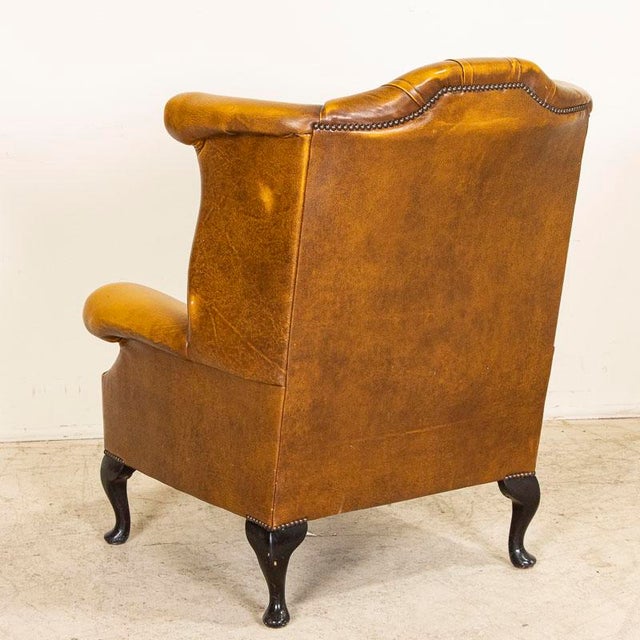 Vintage Carmel Brown Leather Chesterfield Wingback Arm Chair From