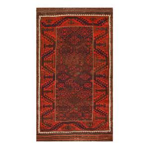 Incredible Red-Raspberry Background Color With Geometric Design Antique Persian Baluch Rug