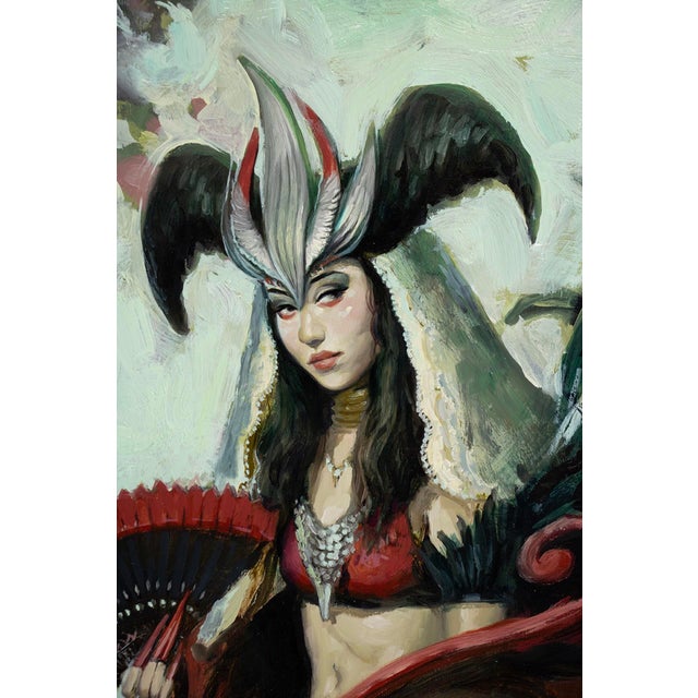 The painting depicts a striking figure seated regally, adorned in a bold red and black ensemble that exudes both power and...