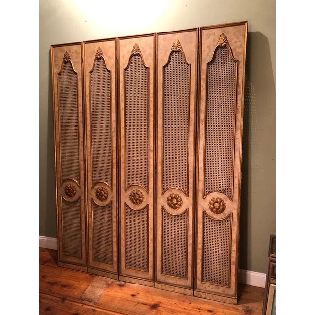 Rustic European 1950s French Five-Paneled Gilt Folding Screen For Sale - Image 3 of 13