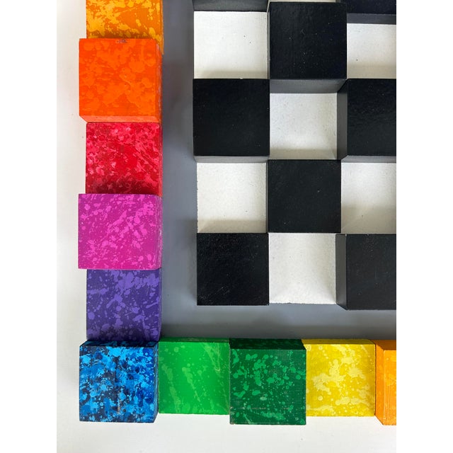 Vintage Bright Colorful Optical Art "Chessboard" Wall Sculpture in Wood Painted For Sale - Image 11 of 12