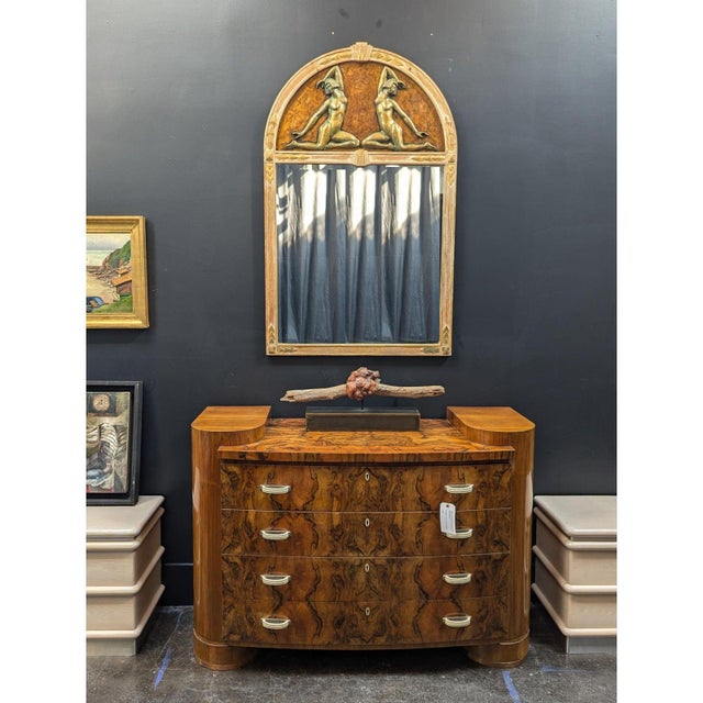 Charming and rare, 1930's French, cerused and painted, carved oak mirror with bronzed figural nudes. In very good...