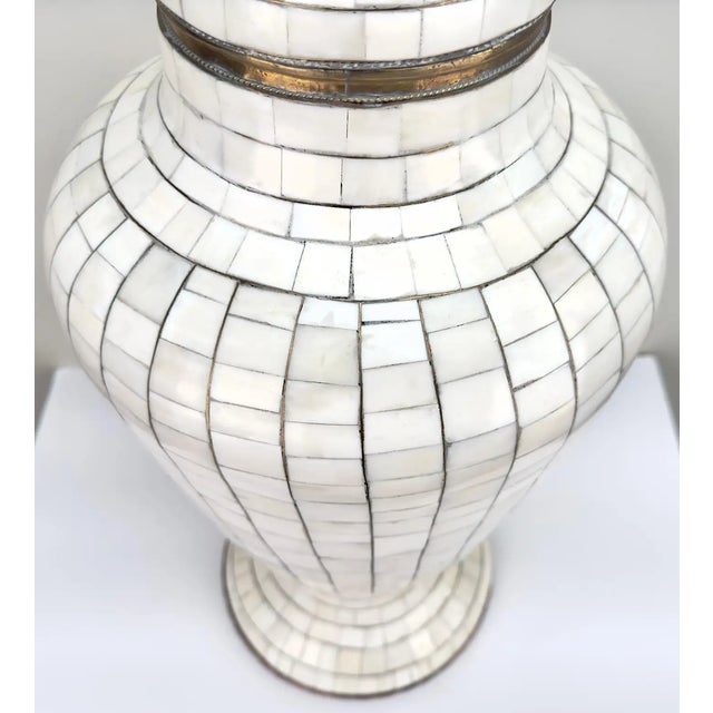 Mid-Century Off-White Mosaic Natural Bone With Brass Inlay Urn or Vase For Sale - Image 9 of 12