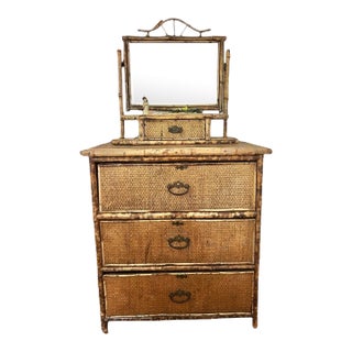 English Victorian Rattan and Bamboo Armoire With Mirror Vanity For Sale