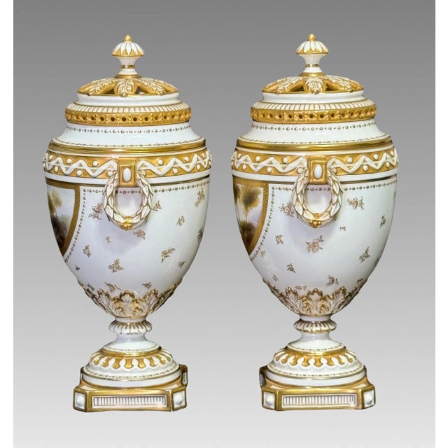 English Antique Royal Worcester Neoclassical Matched White and Gilt (Gold) Porcelain Covered Urns W/ Landscaped Panels by Harry Davis, a Pair, England 1912. For Sale - Image 3 of 12