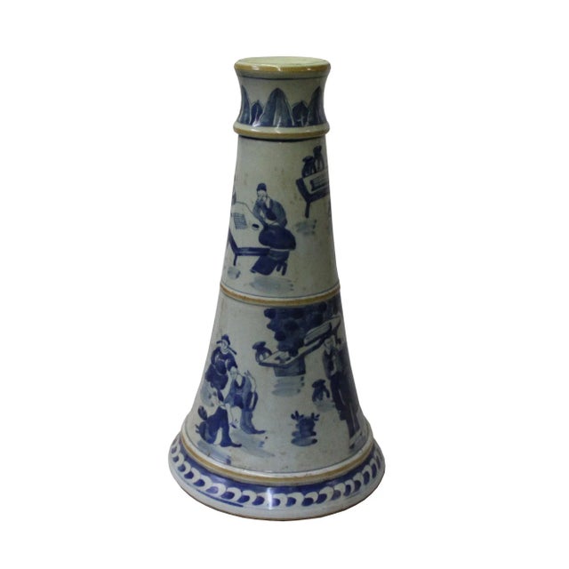 Chinoiserie Chinese Blue & White Porcelain Round Scenery Graphic Candle Holder For Sale - Image 3 of 8