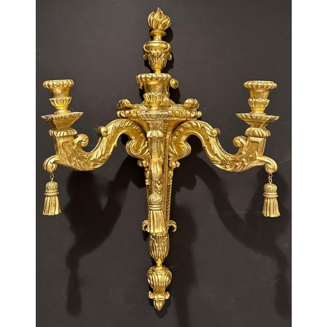 Mid 20th Century Pair Of French Louis XVI Carved Giltwood 3-Arm Sconces For Sale - Image 4 of 8