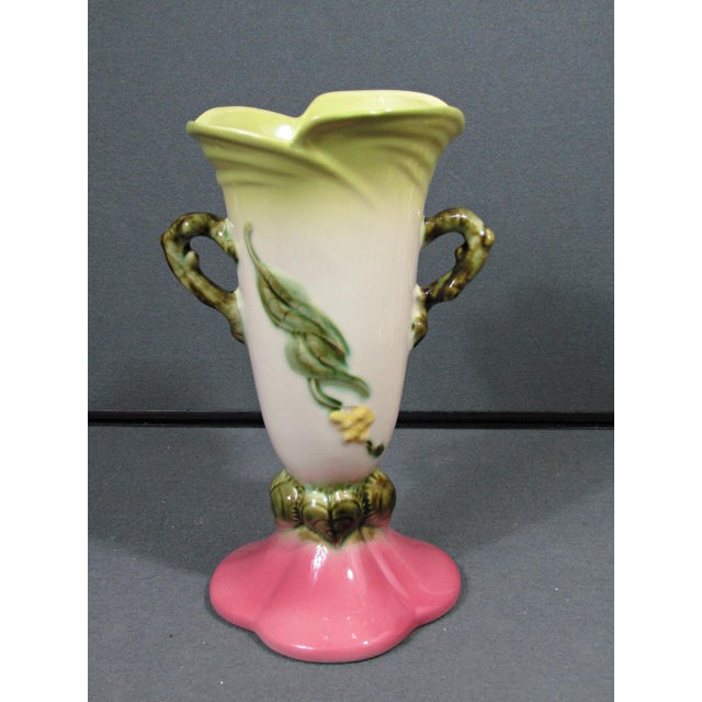 1950s 1950s Hull Woodland W-18 Chartreuse & Pink Hi-Gloss Art Pottery Vase For Sale - Image 5 of 14