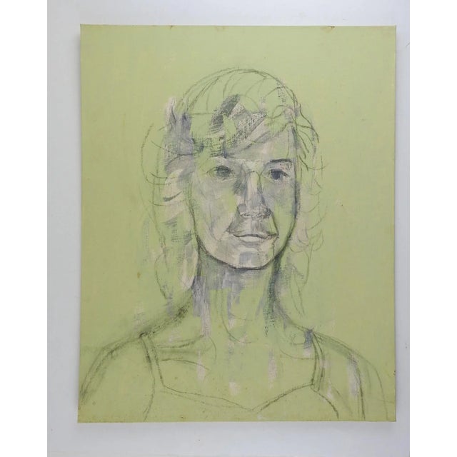 Modernist oil on canvas board portrait painting of woman. Pale green and gray with lots of pencil work. Unsigned....