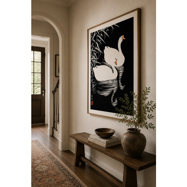 Black White Chinese Geese Swimming, Vintage Japanese Woodblock Print Reproduction, 40" X 60" For Sale - Image 8 of 11