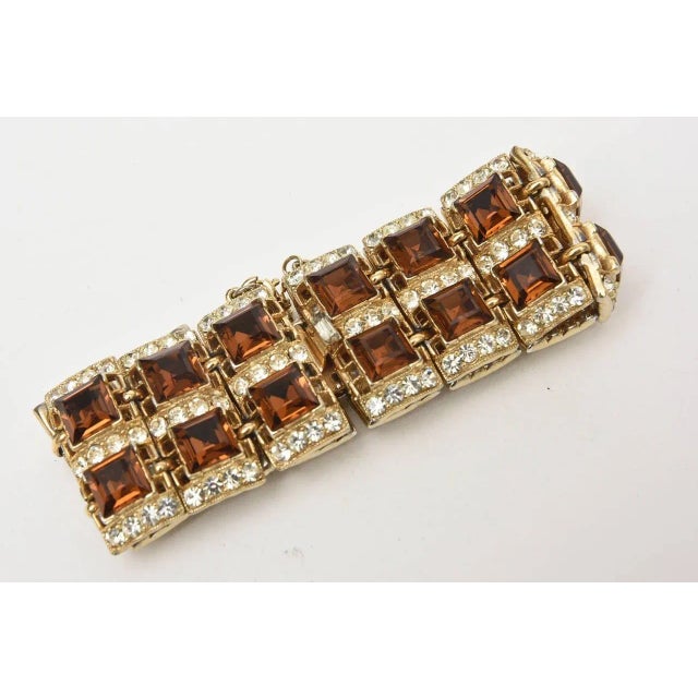 1950s Vintage Signed Henry Bogaff Swarovski Rhinestone Bracelet in Brown and Amber Color For Sale - Image 5 of 6