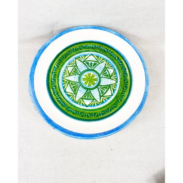 Fabulous mid-century modern set of 8 dinner plates. Made by Royal China. Made in the USA. Wonderful green and blue design....