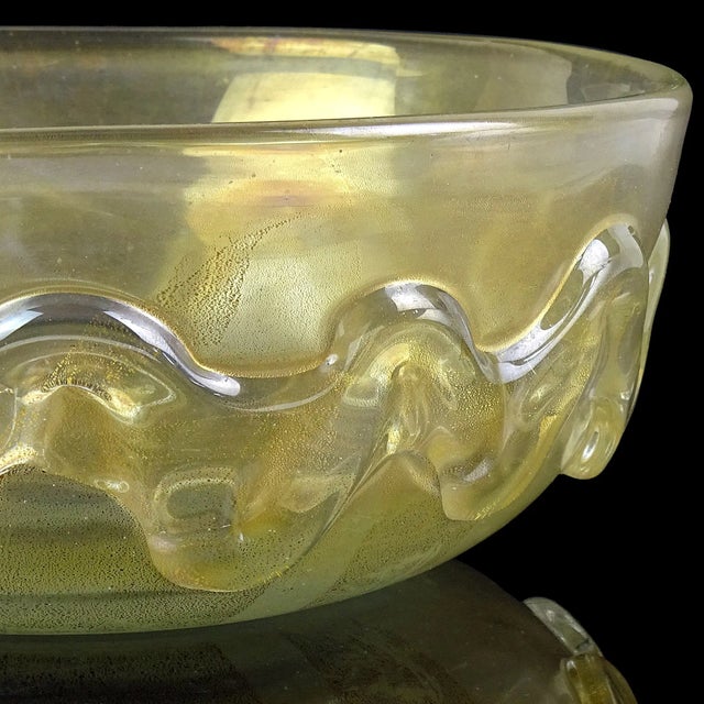 Murano Vintage Murano Seguso Vetri d'Arte Flavio Poli Gold Flecks Iridescent Italian Art Glass Wave Design Bowl For Sale - Image 4 of 12
