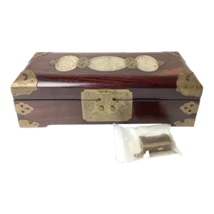 Mid 20th Century Chinese Jade Medallion Jewelry Wood Box With Brass Fittings