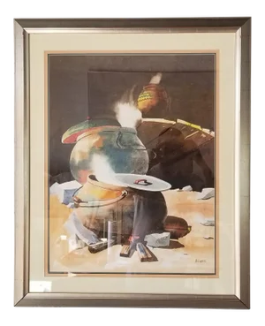1990s "Cooking on a Campfire" Rustic Still Life Watercolor Painting by Mendez, Framed