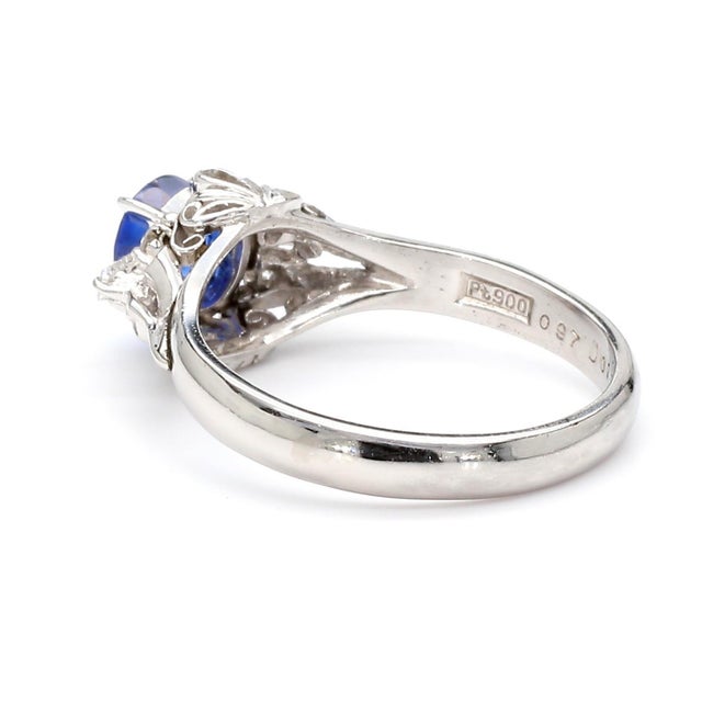 Metal Vintage 0.97 Carat Oval Blue Sapphire & Diamond Filigree in Platinum Floral Ring, Size 5.75 For Sale - Image 7 of 10
