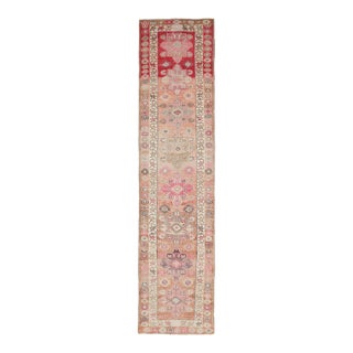 1970s Vintage Turkish Hand-Knotted Wool Cotton Pink Runner Rug For Sale