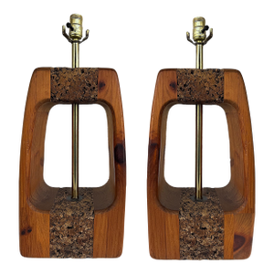 Mid-Century Modern Craftsman Style Wood, Cork Table Lamps, Pair