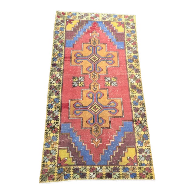 Red Orange and Yellow Faded Oushak Turkish Traditional Vintage Tribal Area Rug For Sale