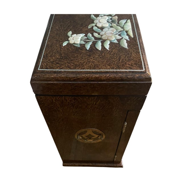 Wood Vintage Midcentury Chinoiserie Brown Lacquer Shell Inlay Jewelry Box Cabinet For Sale - Image 7 of 15