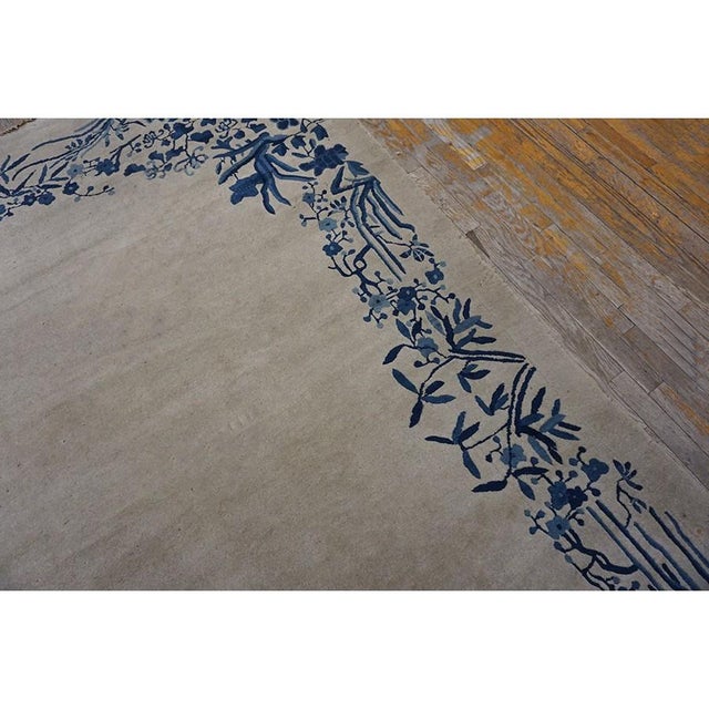 Textile 1920s Beige Solid Open Field Floral Antique Chinese Peking Room Size Knotted Rug For Sale - Image 7 of 9